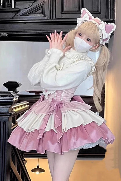 Lolita Jumper Skirt - Gradient Triple-layered, Pink, Sweet Style, Bow Detail, Ruffled - additional product view 4