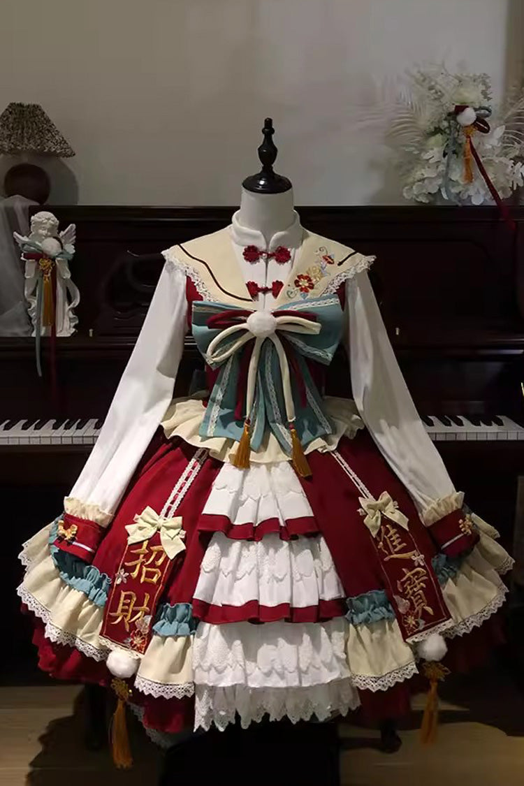 Lolita Jumper Skirt - Happy New Year, Red, Chinese-Inspired Style, Bow Detail, Ruffled - additional product view 2