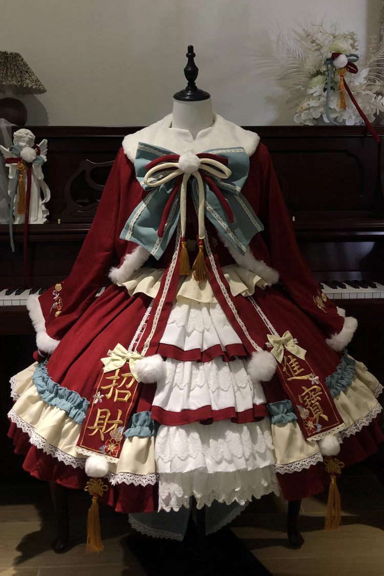 Lolita Jumper Skirt - Happy New Year, Red, Chinese-Inspired Style, Bow Detail, Ruffled - main product image