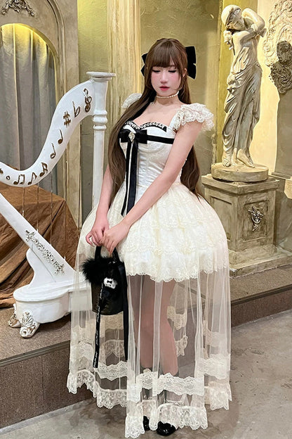 Lolita Jumper Skirt - Hepburn Heart, Ivory, Square Collar, Sweet Style, Bow Detail - additional product view 2