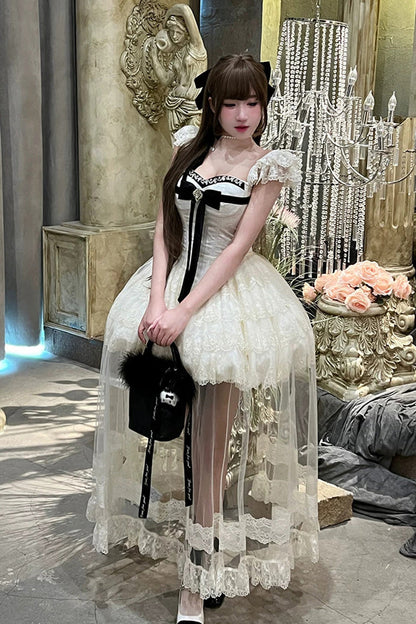 Lolita Jumper Skirt - Hepburn Heart, Ivory, Square Collar, Sweet Style, Bow Detail - additional product view 6