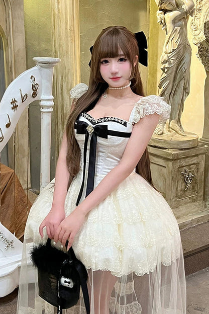 Lolita Jumper Skirt - Hepburn Heart, Ivory, Square Collar, Sweet Style, Bow Detail - additional product view 14