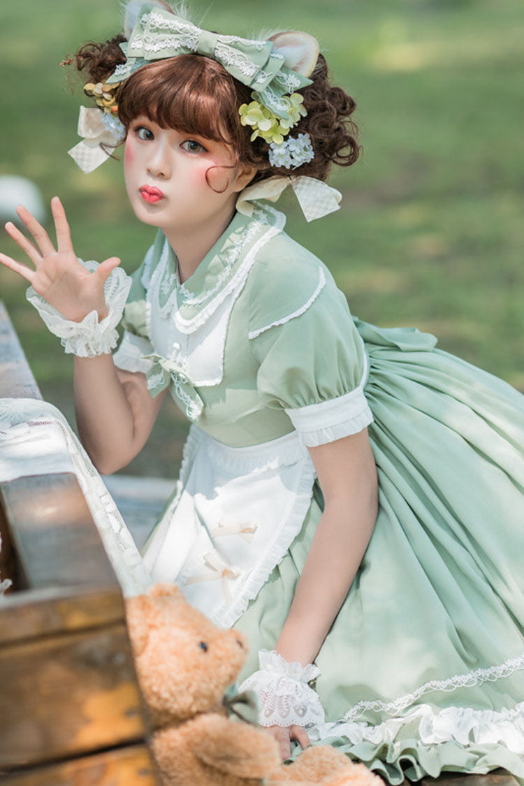 Lolita Jumper Skirt - High Waisted Bowknot Multi-layer, Green, High Waist, Classic Style - additional product view 2