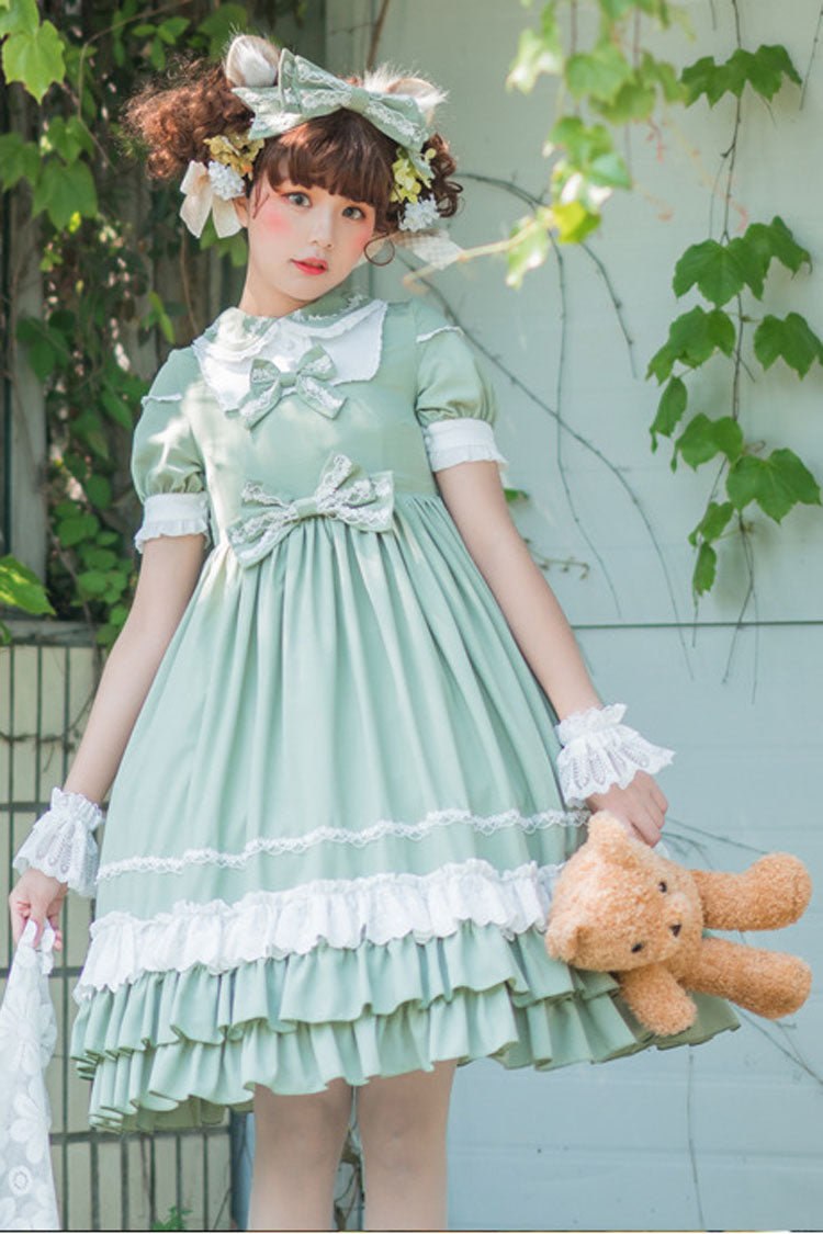Lolita Jumper Skirt - High Waisted Bowknot Multi-layer, Green, High Waist, Classic Style - additional product view 3