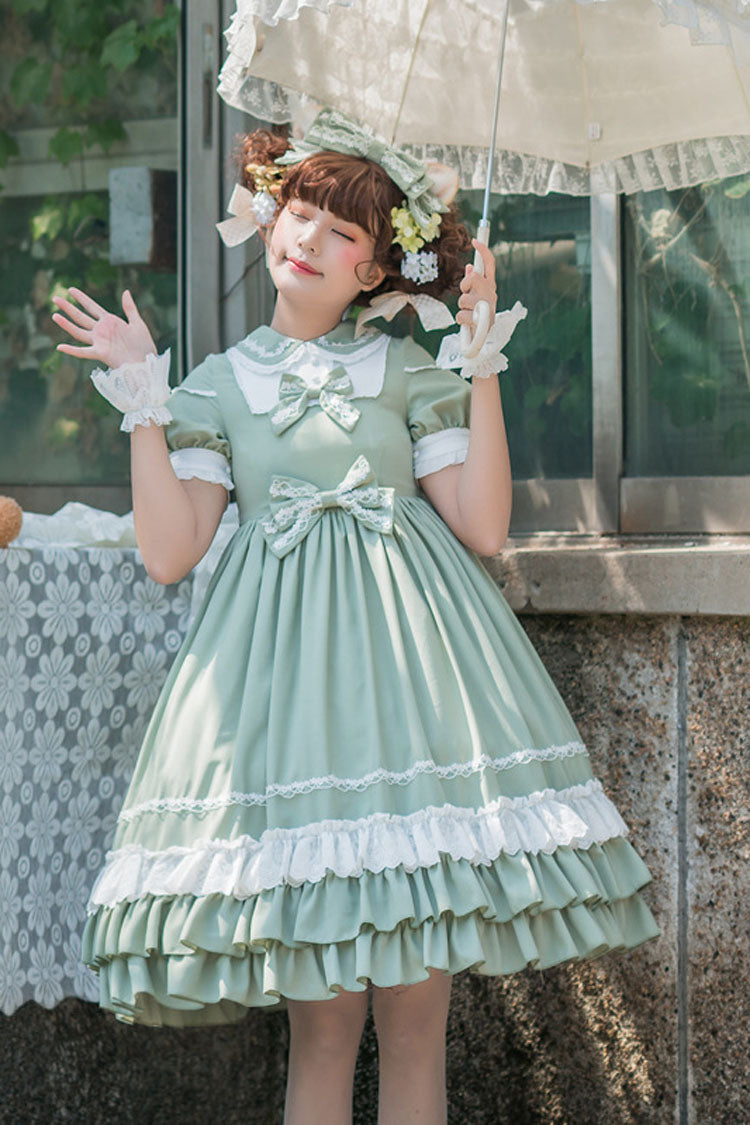 Lolita Jumper Skirt - High Waisted Bowknot Multi-layer, Green, High Waist, Classic Style - additional product view 4