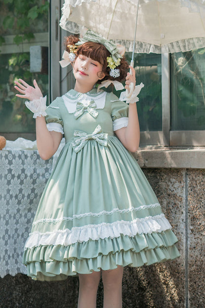 Lolita Jumper Skirt - High Waisted Bowknot Multi-layer, Green, High Waist, Classic Style - additional product view 4