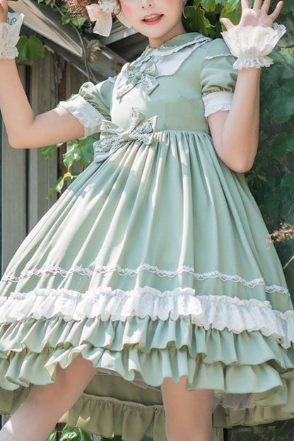 Lolita Jumper Skirt - High Waisted Bowknot Multi-layer, Green, High Waist, Classic Style - main product image