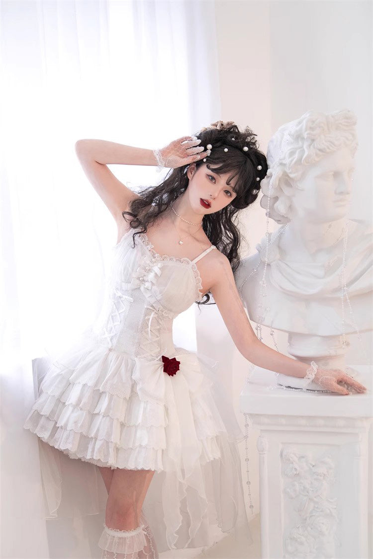 Lolita Jumper Skirt - High Waisted Multi-layer Rose, White, High Waist, Lace-Up - additional product view 2