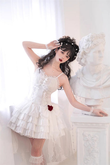 Lolita Jumper Skirt - High Waisted Multi-layer Rose, White, High Waist, Lace-Up - additional product view 2