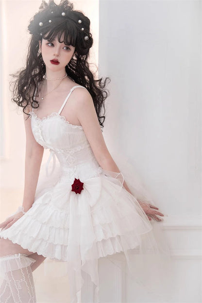 Lolita Jumper Skirt - High Waisted Multi-layer Rose, White, High Waist, Lace-Up - additional product view 3