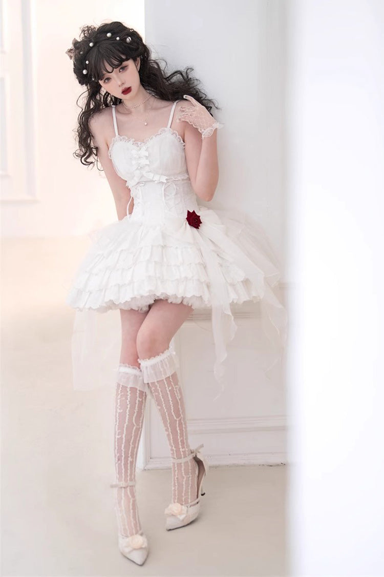 Lolita Jumper Skirt - High Waisted Multi-layer Rose, White, High Waist, Lace-Up - additional product view 4