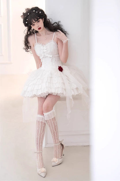 Lolita Jumper Skirt - High Waisted Multi-layer Rose, White, High Waist, Lace-Up - additional product view 4