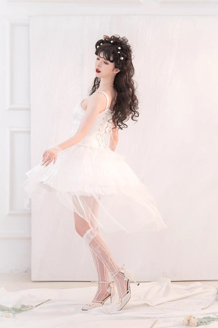 Lolita Jumper Skirt - High Waisted Multi-layer Rose, White, High Waist, Lace-Up - additional product view 6