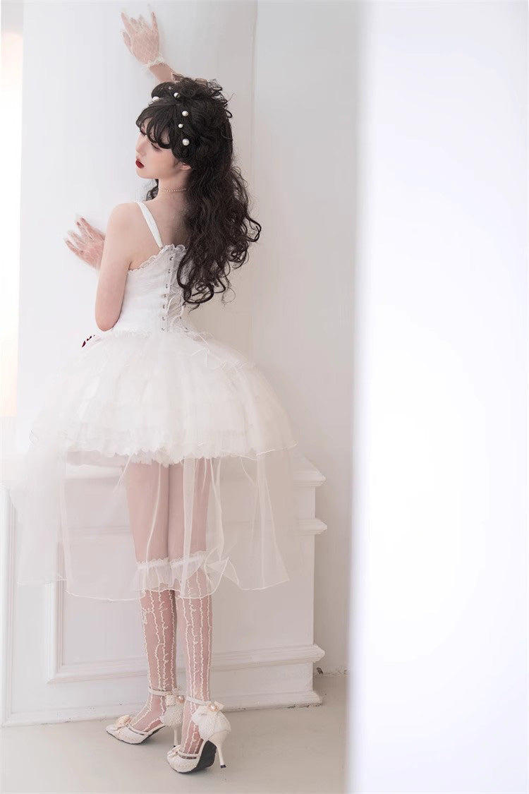 Lolita Jumper Skirt - High Waisted Multi-layer Rose, White, High Waist, Lace-Up - additional product view 7