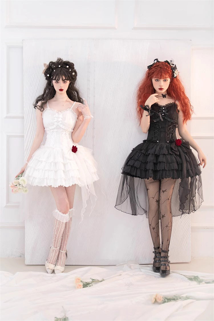 Lolita Jumper Skirt - High Waisted Multi-layer Rose, White, High Waist, Lace-Up - additional product view 8