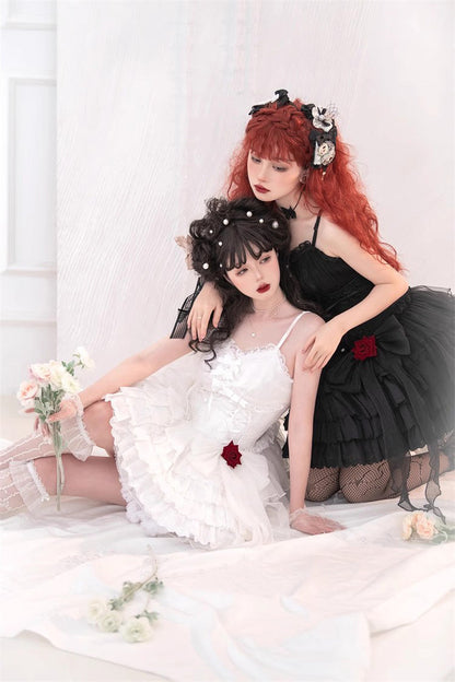 Lolita Jumper Skirt - High Waisted Multi-layer Rose, White, High Waist, Lace-Up - additional product view 9