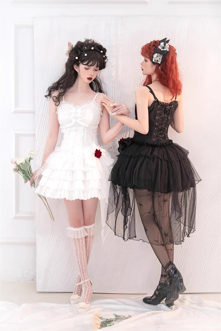 Lolita Jumper Skirt - High Waisted Multi-layer Rose, White, High Waist, Lace-Up - additional product view 10