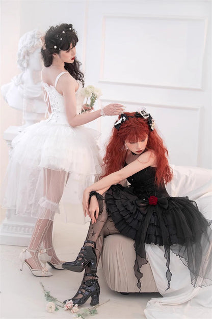 Lolita Jumper Skirt - High Waisted Multi-layer Rose, White, High Waist, Lace-Up - additional product view 11