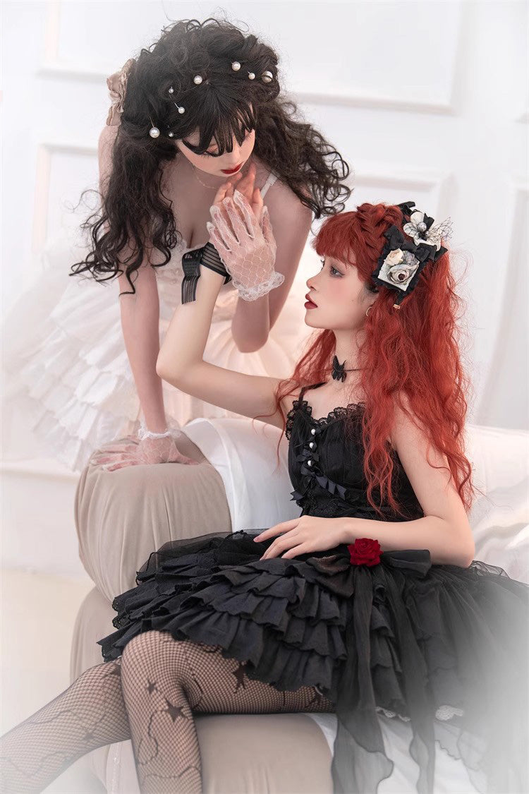 Lolita Jumper Skirt - High Waisted Multi-layer Rose, White, High Waist, Lace-Up - additional product view 12