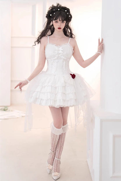 Lolita Jumper Skirt - High Waisted Multi-layer Rose, White, High Waist, Lace-Up - main product image