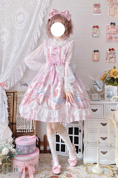 Lolita Jumper Skirt - High Waisted Rabbit Print, Pink, High Waist, Printed, Sweet Style - additional product view 3