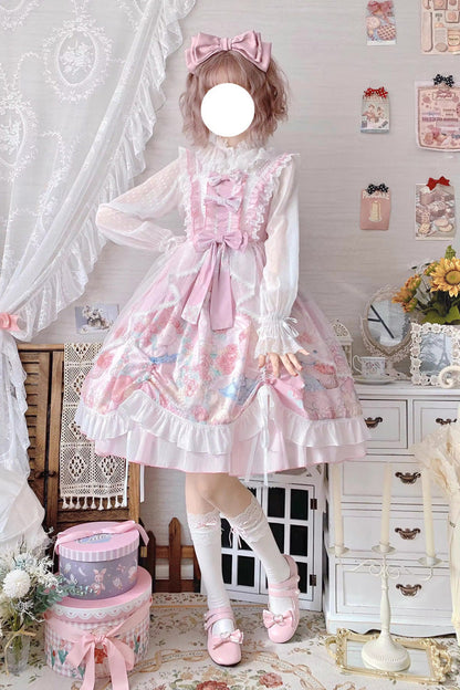 Lolita Jumper Skirt - High Waisted Rabbit Print, Pink, High Waist, Printed, Sweet Style - additional product view 7