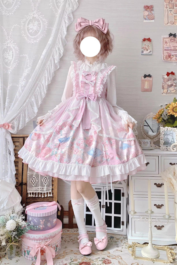 Lolita Jumper Skirt - High Waisted Rabbit Print, Pink, High Waist, Printed, Sweet Style - main product image