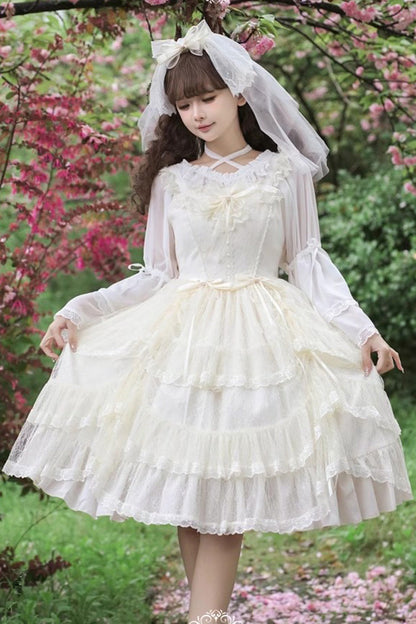 Lolita Jumper Skirt - Iris Love Multi-layer Jacquard, 2 Colors, Sweet Style, Bow Detail - S Apricot / M Apricot / L Apricot option