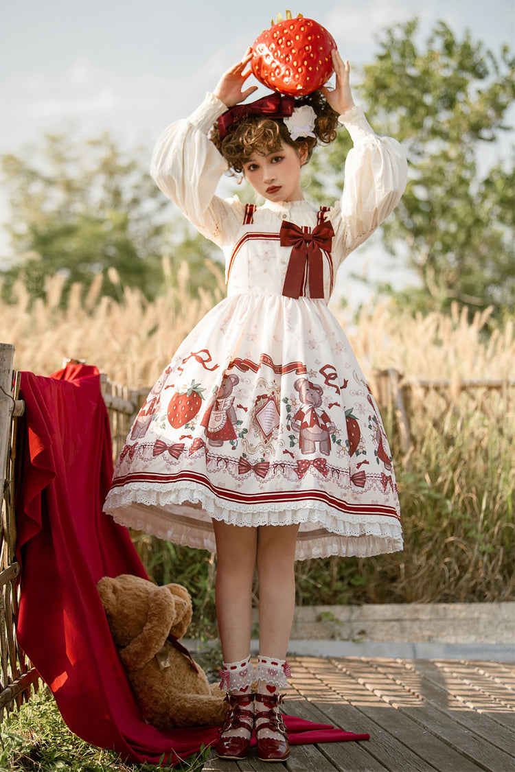 Lolita Jumper Skirt - Ivory/red Strawberry Bear Print, 2 Colors, High Waist, Printed - additional product view 2