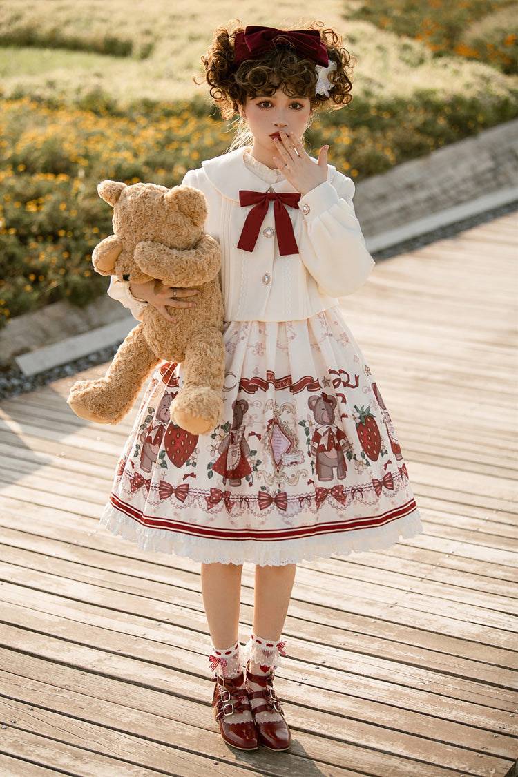 Lolita Jumper Skirt - Ivory/red Strawberry Bear Print, 2 Colors, High Waist, Printed - additional product view 3