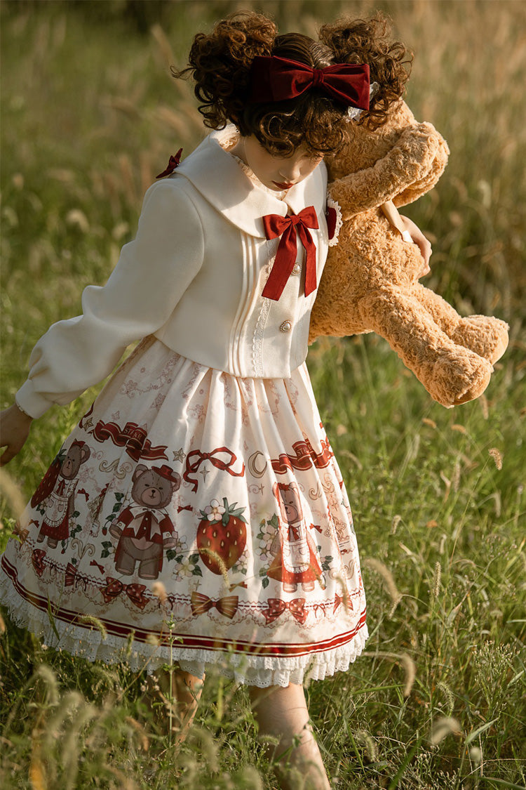 Lolita Jumper Skirt - Ivory/red Strawberry Bear Print, 2 Colors, High Waist, Printed - additional product view 4