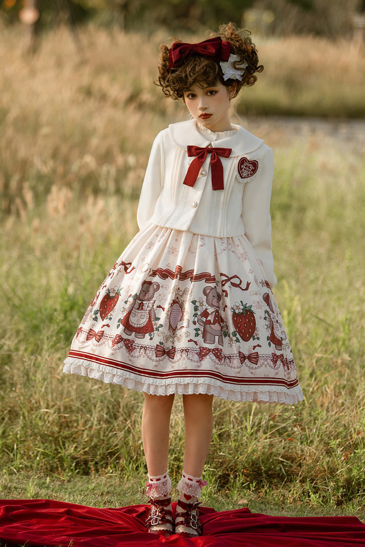 Lolita Jumper Skirt - Ivory/red Strawberry Bear Print, 2 Colors, High Waist, Printed - additional product view 5