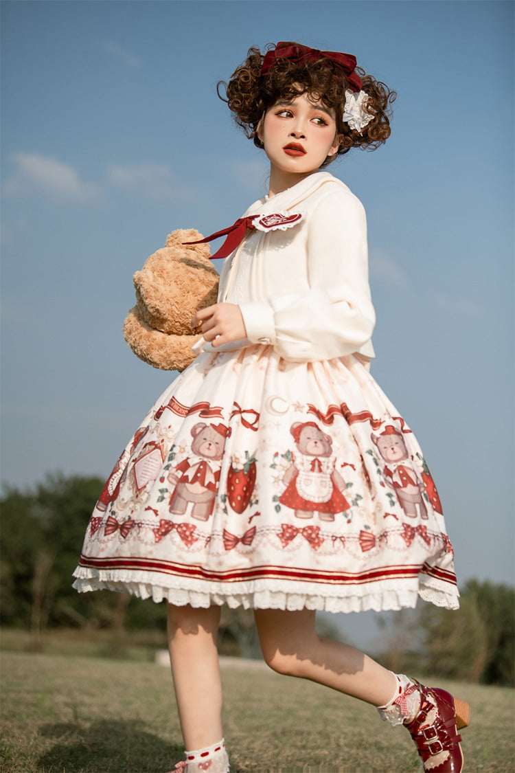 Lolita Jumper Skirt - Ivory/red Strawberry Bear Print, 2 Colors, High Waist, Printed - additional product view 6