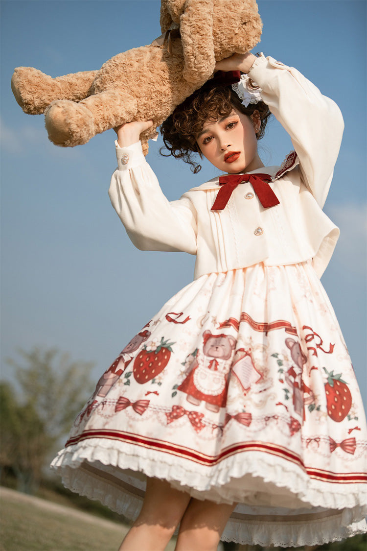 Lolita Jumper Skirt - Ivory/red Strawberry Bear Print, 2 Colors, High Waist, Printed - additional product view 7
