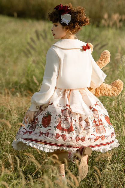 Lolita Jumper Skirt - Ivory/red Strawberry Bear Print, 2 Colors, High Waist, Printed - additional product view 8