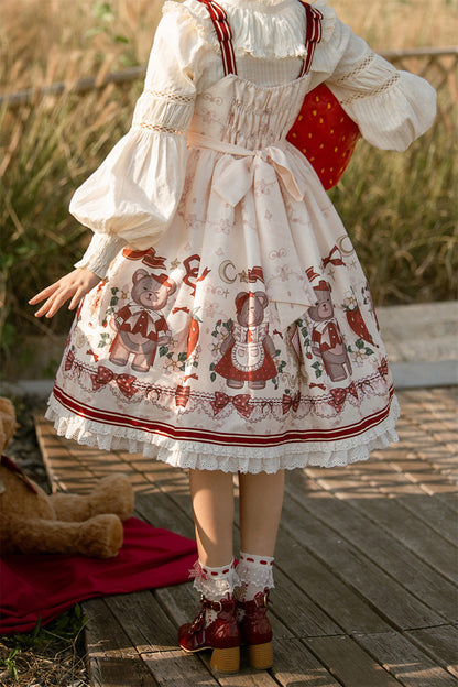 Lolita Jumper Skirt - Ivory/red Strawberry Bear Print, 2 Colors, High Waist, Printed - additional product view 9