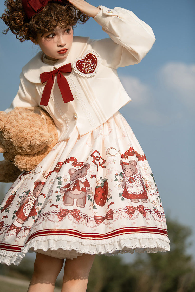 Lolita Jumper Skirt - Ivory/red Strawberry Bear Print, 2 Colors, High Waist, Printed - additional product view 10
