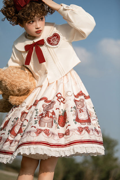 Lolita Jumper Skirt - Ivory/red Strawberry Bear Print, 2 Colors, High Waist, Printed - additional product view 10
