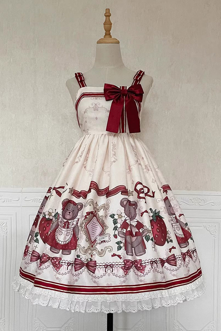 Lolita Jumper Skirt - Ivory/red Strawberry Bear Print, 2 Colors, High Waist, Printed - main product image
