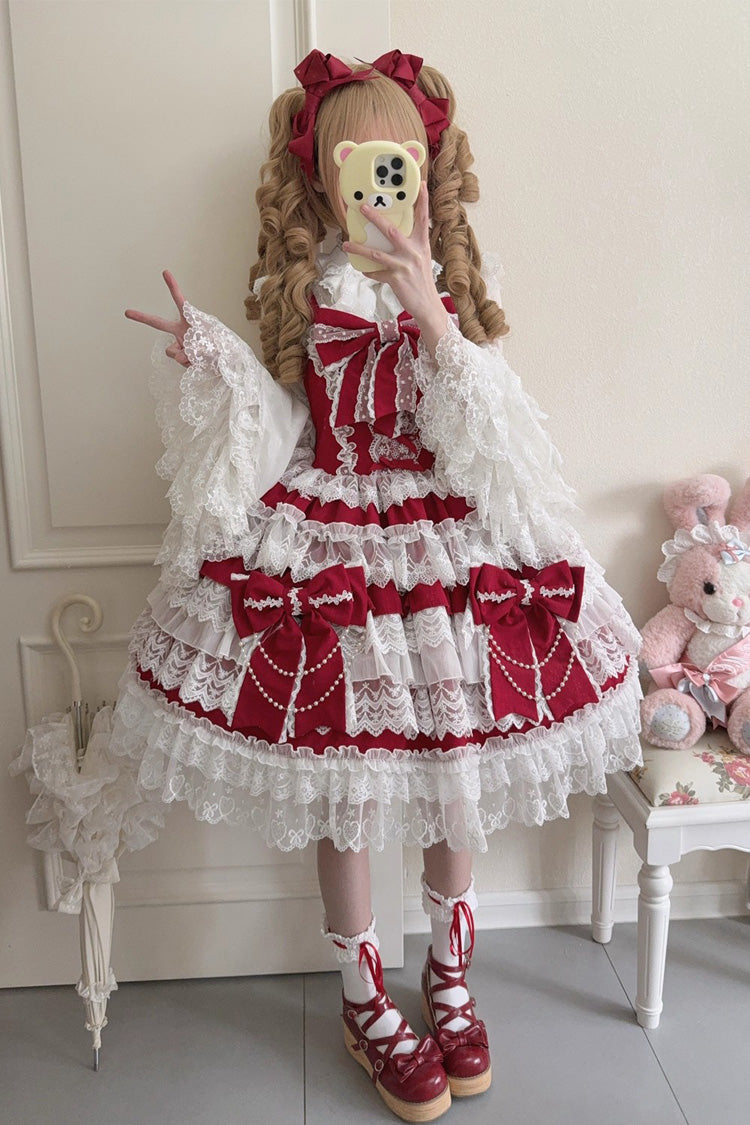 Lolita Jumper Skirt - Knot Of The Crossed Heart, Red, Bow Detail, Lace Trim, Ruffled - additional product view 2