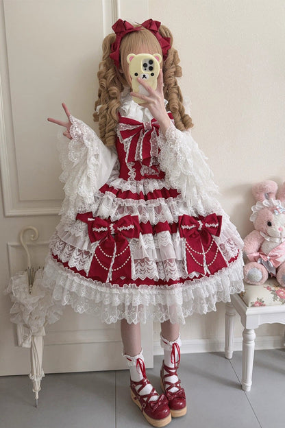 Lolita Jumper Skirt - Knot Of The Crossed Heart, Red, Bow Detail, Lace Trim, Ruffled - additional product view 2