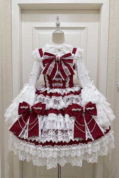 Lolita Jumper Skirt - Knot Of The Crossed Heart, Red, Bow Detail, Lace Trim, Ruffled - additional product view 3