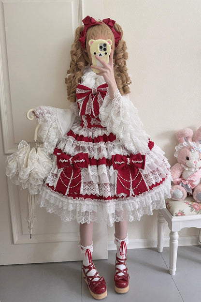 Lolita Jumper Skirt - Knot Of The Crossed Heart, Red, Bow Detail, Lace Trim, Ruffled - main product image