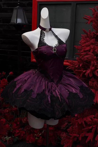 Lolita Jumper Skirt - Lace Cat, Purple, Lace Trim, Embroidered, Halterneck - additional product view 3