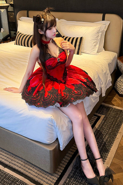 Lolita Jumper Skirt - Lace Cat, Red, Gothic Style, Ballet-Inspired Style, Lace Trim - additional product view 5