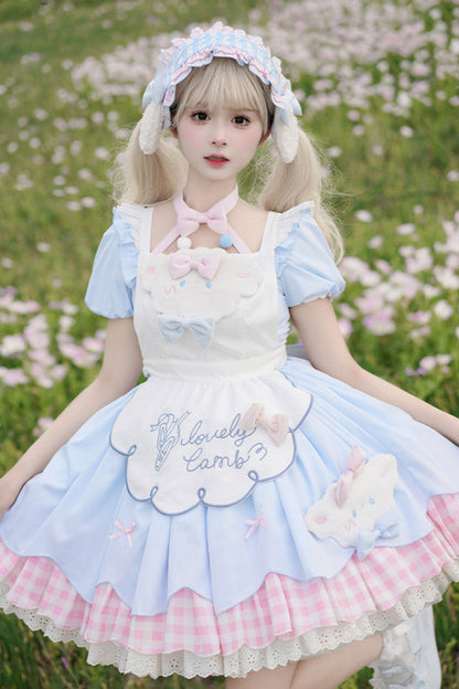 Lolita Jumper Skirt - Lamb Story, 2 Colors, Puff Sleeves, Plaid, Sweet Style - additional product view 2
