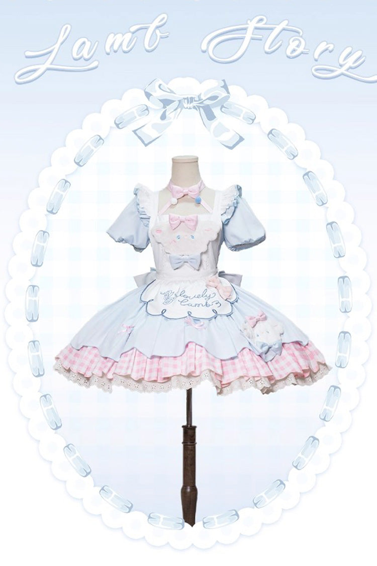 Lolita Jumper Skirt - Lamb Story, 2 Colors, Puff Sleeves, Plaid, Sweet Style - additional product view 3