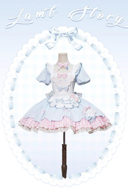 Lolita Jumper Skirt - Lamb Story, 2 Colors, Puff Sleeves, Plaid, Sweet Style - additional product view 3