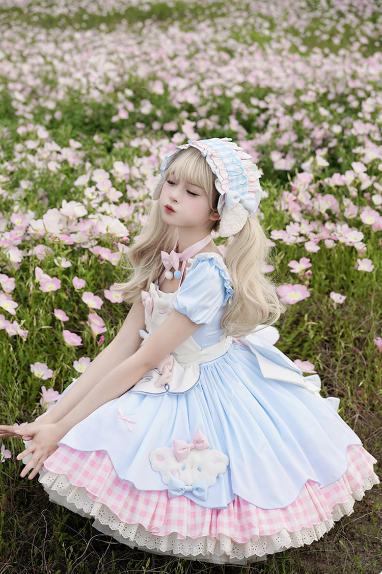 Lolita Jumper Skirt - Lamb Story, 2 Colors, Puff Sleeves, Plaid, Sweet Style - additional product view 4