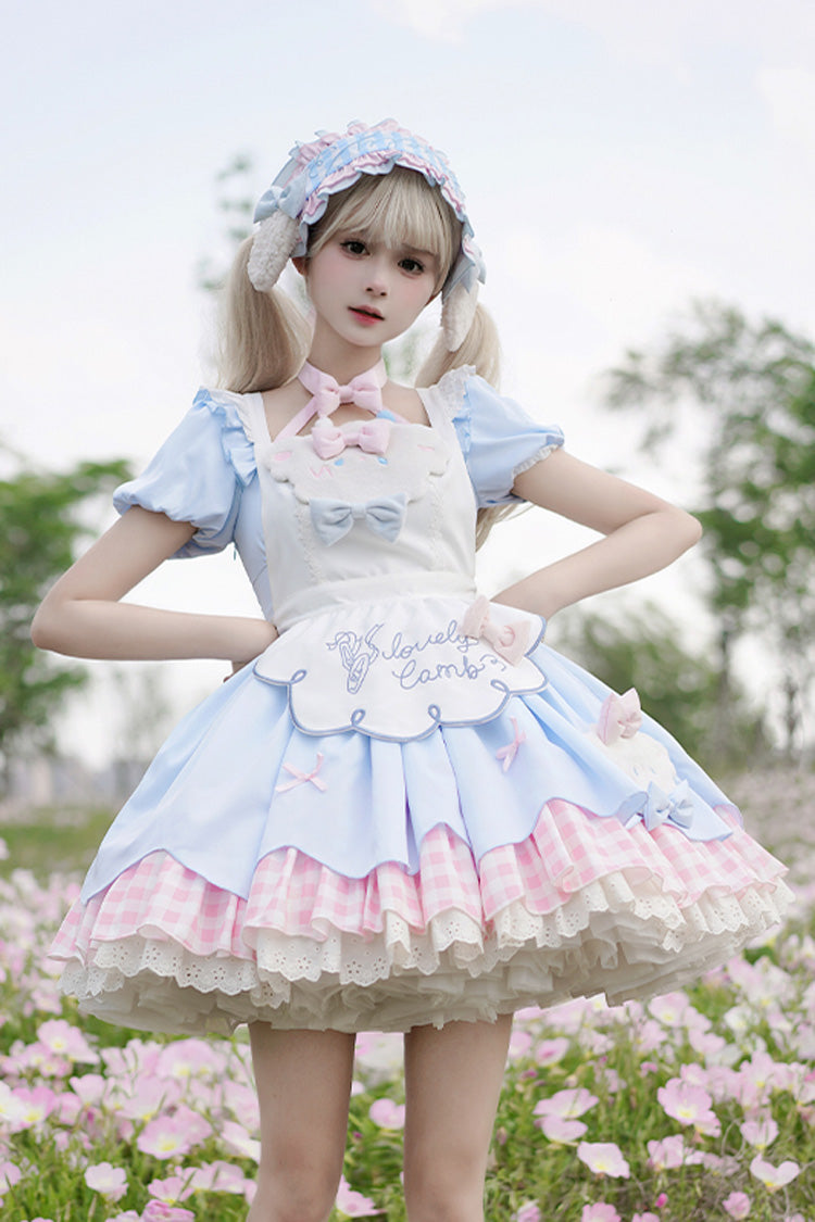 Lolita Jumper Skirt - Lamb Story, 2 Colors, Puff Sleeves, Plaid, Sweet Style - additional product view 5